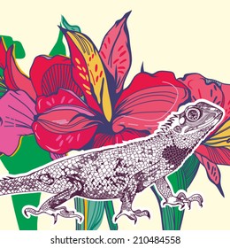 Bright vector illustration of reptile and flower in graphic style.