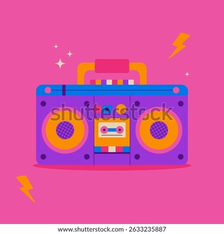 Bright vector illustration of a retro tape recorder in the 80s style on a pink background. Cheerful, colorful design with a cassette, speakers and lightning. Pop art style.