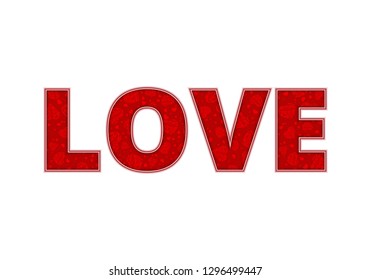 Bright vector illustration with a romantic texture. Red letters with lace hearts on a white background for design on Valentine's Day