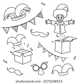 bright vector illustration set of april fools day, a surprise box, clown, party decorations, doodle and sketch 