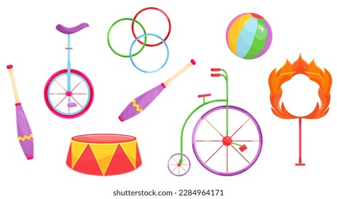 bright vector illustration set of circus equipment, accessories for circus, for circus performance