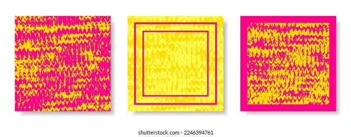 Bright vector illustration. Set of square templates, yellow-pink color. Knitted texture.