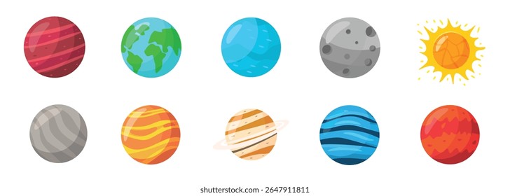Ilustração de vetor brilhante mostrando versões em desenhos animados dos planetas do sistema solar, incluindo Terra, Marte, Júpiter, Saturno e o Sol para temas de astronomia, educação e ciência