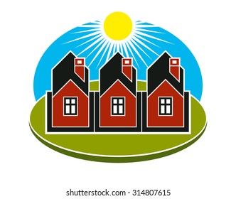 Bright vector illustration of simple country houses on sunrise background. Summertime conceptual image, graphic design.