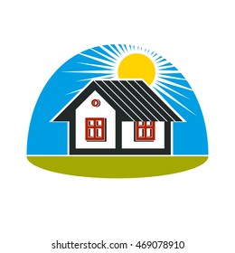 Bright vector illustration of simple country houses on sunrise background. Summertime conceptual fairy image, graphic design.