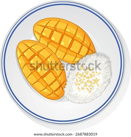 Bright vector illustration of sliced mango with sticky rice, top-down view, clean white background