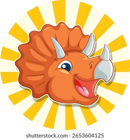 Bright vector illustration of a smiling triceratops head with vibrant colors and a sunburst background
