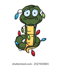 Bright vector illustration with a snake and a Christmas garland of light bulbs. Symbol of the new year 2025. Chinese calendar. Image for sticker, postcard, congratulations