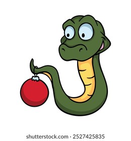 Bright vector illustration with a snake and a red ball for decorating a Christmas tree. Symbol of the new year 2025. Chinese calendar. Image for sticker, postcard, congratulations