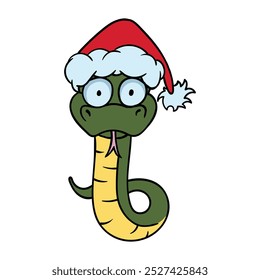 Bright vector illustration with a snake in a red Christmas Santa hat. Symbol of the new year 2025. Chinese calendar. Image for sticker, postcard, congratulations