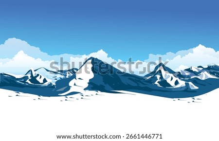 Bright vector illustration of snowy mountain peaks under a gradient blue sky. Ideal for travel, winter sports, tourism, and nature backgrounds or seasonal themes.
