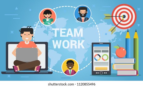 Bright vector illustration of social media and teamwork concept on blue world map background 