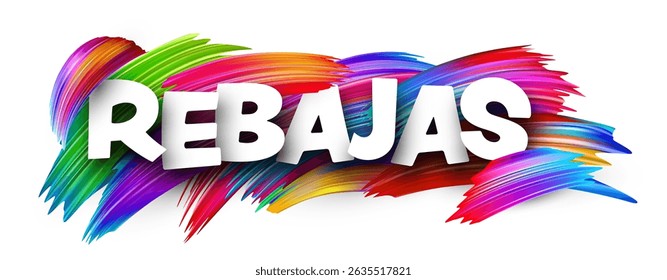 Bright vector illustration with the Spanish word for Sale in bold text. Spanish language, colorful brush strokes, vector.
