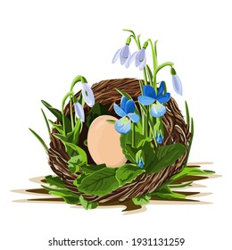 Bright vector illustration spring, snowdrops, Easter egg, nest, holiday, use for sticker, banner, illustration for books, postcards