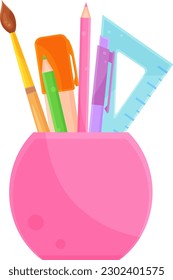 bright vector illustration of stationery in a pink glass, school and office supplies, back to school