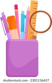 bright vector illustration of stationery in a purple glass, school and office supplies, back to school