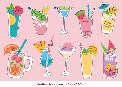 Bright vector illustration of summer cocktails in glassware with fruits, ice, straws. Mocktails icons in flat cartoon style, tropical watermelon, mango drinks for summer design and beverage themes