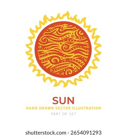 Ilustração vetorial brilhante do Sol com núcleo vermelho e contorno de chama amarelo. Textura de gravação desenhada à mão para projetos educacionais, cósmicos e decorativos. Parte do conjunto.