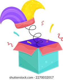 bright vector illustration of a surprise box, april fools day, clown hat 