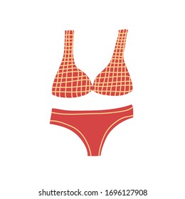Ilustración vectorial brillante del traje de baño. Trato rojo de baño con jaula amarilla. С ropa por una playa. Verano.