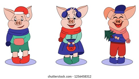 bright vector illustration three little pigs in winter clothes with christmas tree