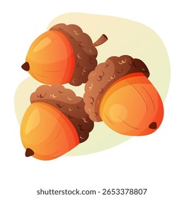 Ilustração vetorial brilhante de três bolotas de carvalho com bonés, símbolo do outono, colheita e natureza da floresta em estilo cartoon.

