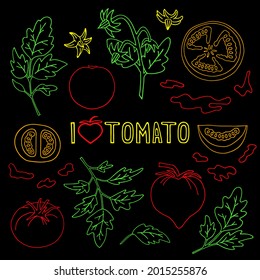 Ilustración vectorial brillante con tomates sobre fondo negro. Dibujo de esquema.