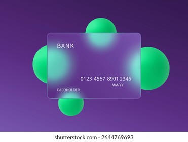 Bright vector illustration of transparent credit card with floating neon green spheres on dark purple gradient background.