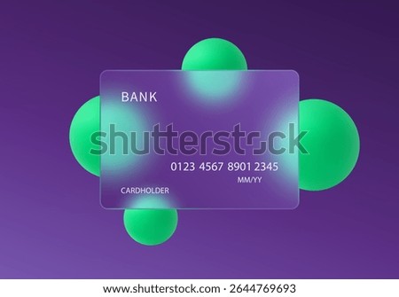 Bright vector illustration of transparent credit card with floating neon green spheres on dark purple gradient background.