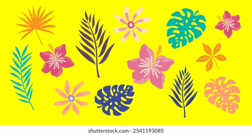 Bright vector illustration of tropical flowers and leaves in vibrant colors on a yellow background. Perfect for summer-themed designs, tropical decor, and exotic nature-inspired artwork