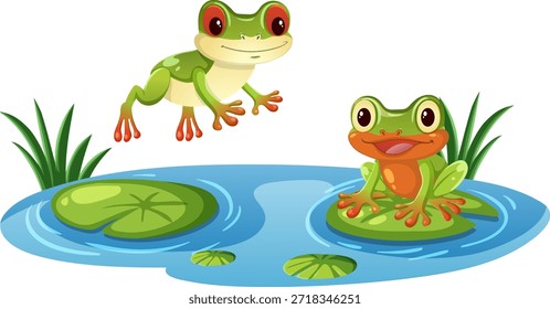 Brillante Ilustración vectorial de dos ranas, una saltando, sobre almohadillas de lirio en un Pequeño estanque