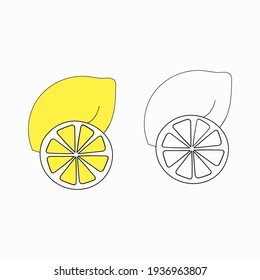 A bright vector illustration of two lemons with slices isolated on white background. A design element mad in yellow and black and white for prints, backgrounds, as a coloring page for adults and kids.