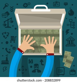 Bright vector illustration two male hands holding open suitcase with money on a dark background with different financial application icons