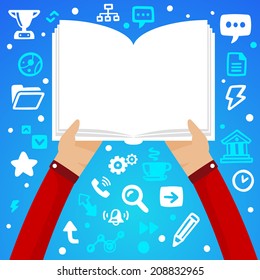 Bright vector illustration two male hands hold open book on a blue background with different financial application icons