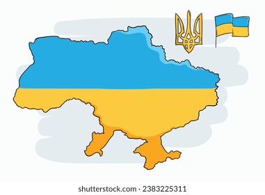 Bright vector illustration of Ukraine map with national symbols: yellow and blue flag and coat of arms, trident