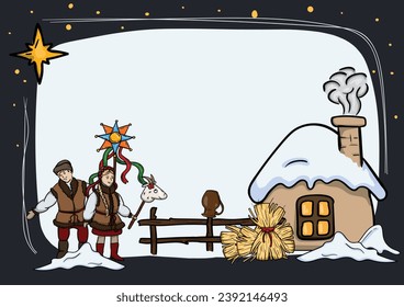 Bright vector illustration. Ukrainian Christmas card template with national traditions and elements.