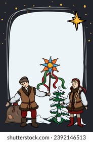 Bright vector illustration. Ukrainian Christmas card template with national traditions and elements.