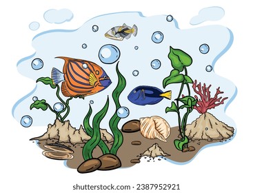 Bright vector illustration of the underwater world with beautiful fish, shells, algae in the sea