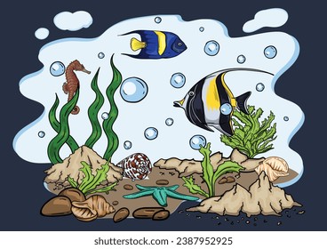 Bright vector illustration of the underwater world with beautiful fish, shells, algae in the sea