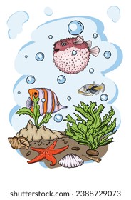 Ilustración vectorial brillante del mundo submarino con hermosos peces, conchas, algas en el mar