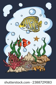 Bright vector illustration of the underwater world with beautiful fish, shells, algae in the sea