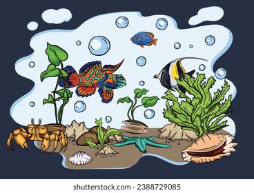 Ilustración vectorial brillante del mundo submarino con hermosos peces, conchas, algas en el mar