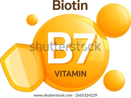 Bright vector illustration of Vitamin B7 Biotin with glossy orange spheres and a shield symbol, using flat design and bold typography