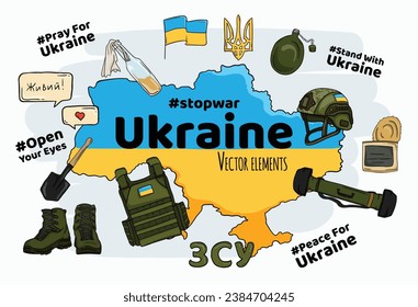 Bright vector illustration of war in Ukraine with set of elements