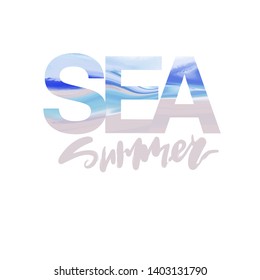 Bright Vector illustration with the word “sea” creative typography with hand lettering  for summer print design for textile, poster, greeting card, invitation.