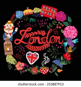 Bright vector illustration of wreath made from London's symbols.