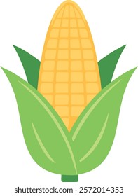 Bright vector illustration of a yellow ear of corn with green husks, featuring a smooth and clean design, perfect for agricultural or food-related visuals