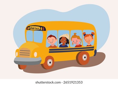 Bright vector illustration of a yellow school bus carrying joyful children. Perfect for back-to-school themes, education websites, and children's projects. Flat design, scalable.