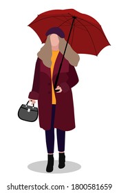 Bright vector illustration of a young fashionable woman or girl in an autumn coat with an umbrella and a bag isolated on a white background. Character in trendy flat cartoon style