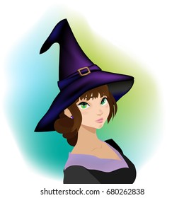 Bright vector illustration. A young witch with green eyes in a witch's hat. Halloween